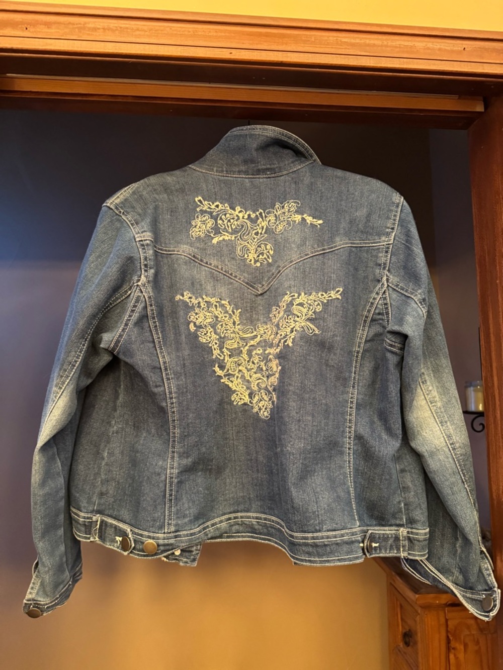Baccini Denim Jacket with Cream Floral Embroidery Front and Back